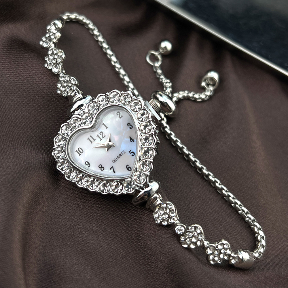 Jewelry Diamond Watches - New Fashion Heart-shaped Ribbon-Strap Diamond-Studded Flower