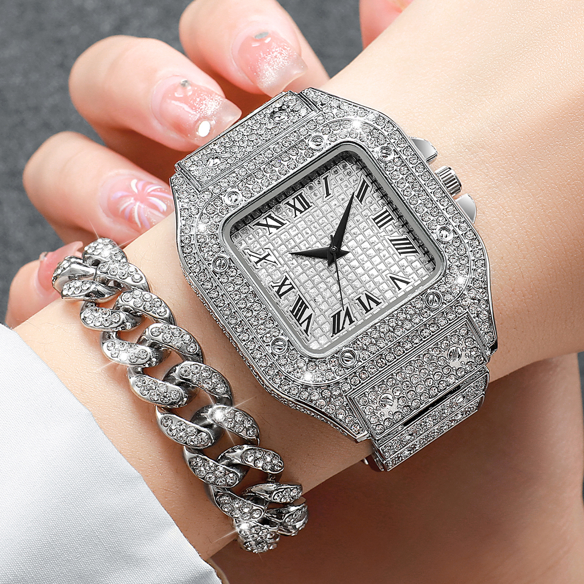 2PCS Iced Out Square Watch & C - Jewelry Diamond Watches recensie en prijs