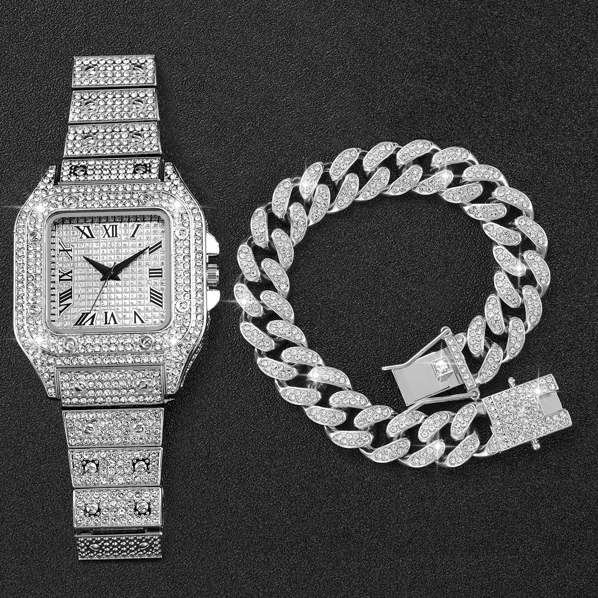 2PCS Iced Out Square Watch & C - Jewelry Diamond Watches recensie en prijs