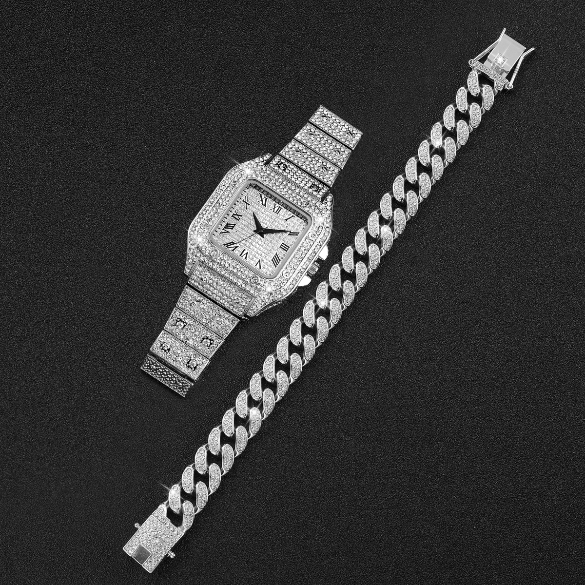 2PCS Iced Out Square Watch & C - Jewelry Diamond Watches recensie en prijs